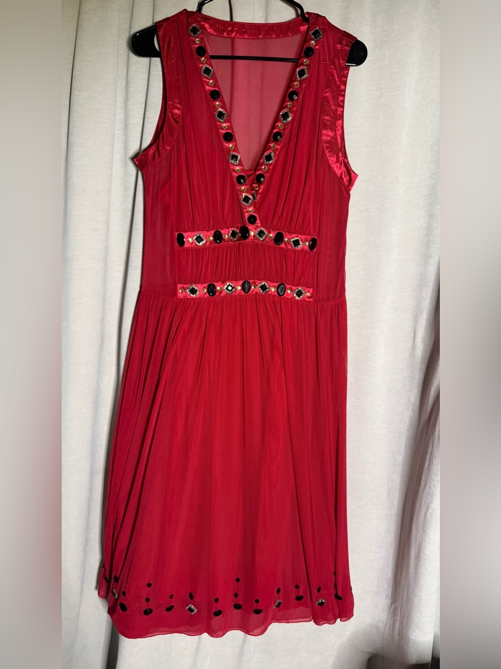 Vintage Y2K Red Jeweled Empire Waist Chiffon Dress - Size 16